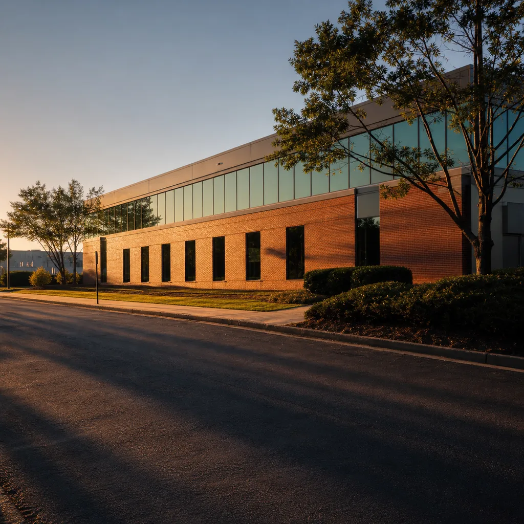An Atlanta Perimeter-district low-rise office and warehouse exterior at golden hour