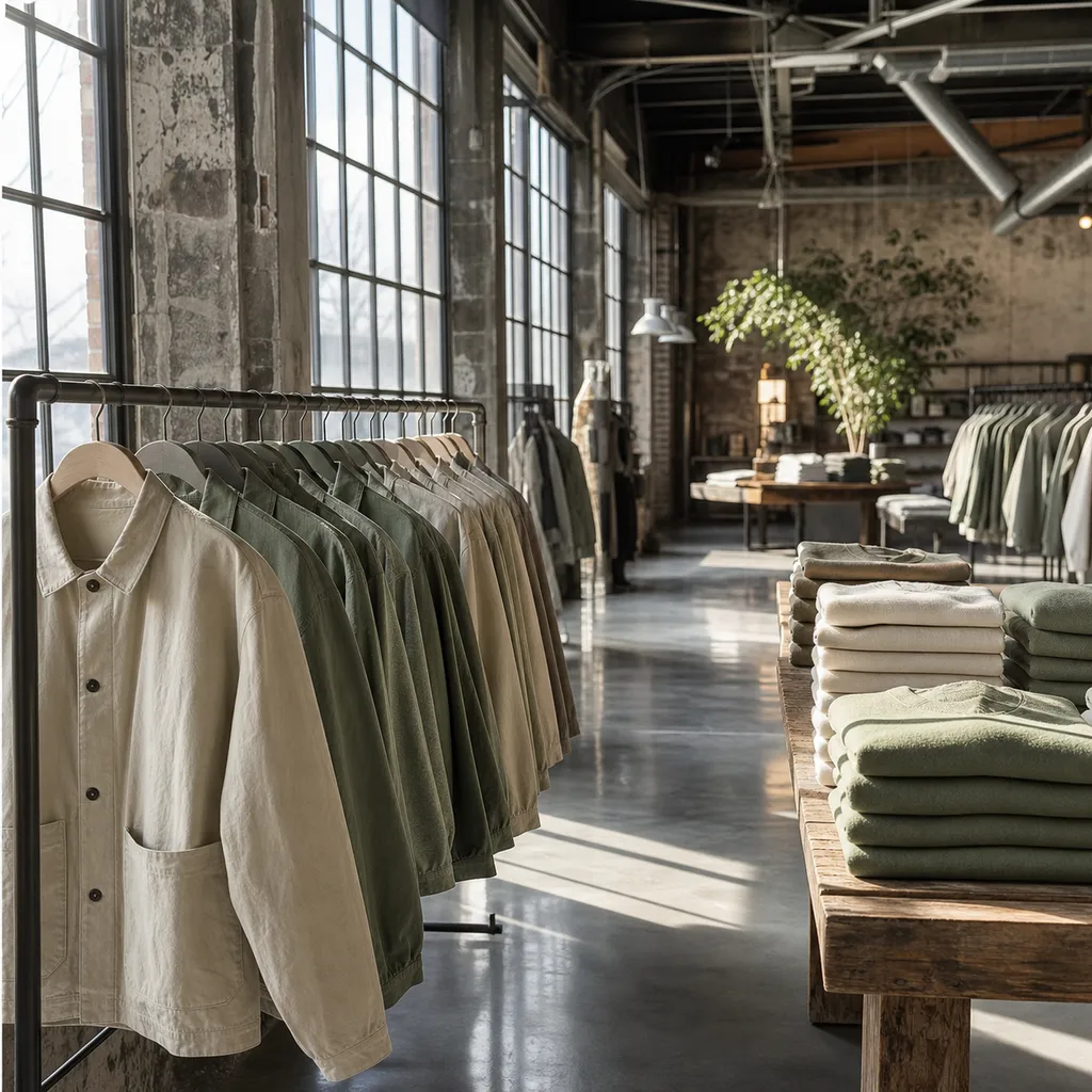 Rails of neatly hung jackets and folded knitwear stacks in soft pastel tones inside the UrbanCore Atlanta showroom