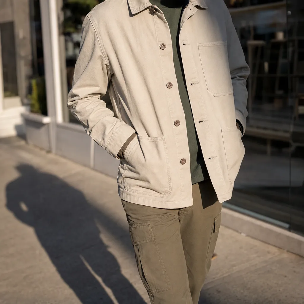 A person walking a sunlit city sidewalk in a putty chore jacket and sage cargo pant