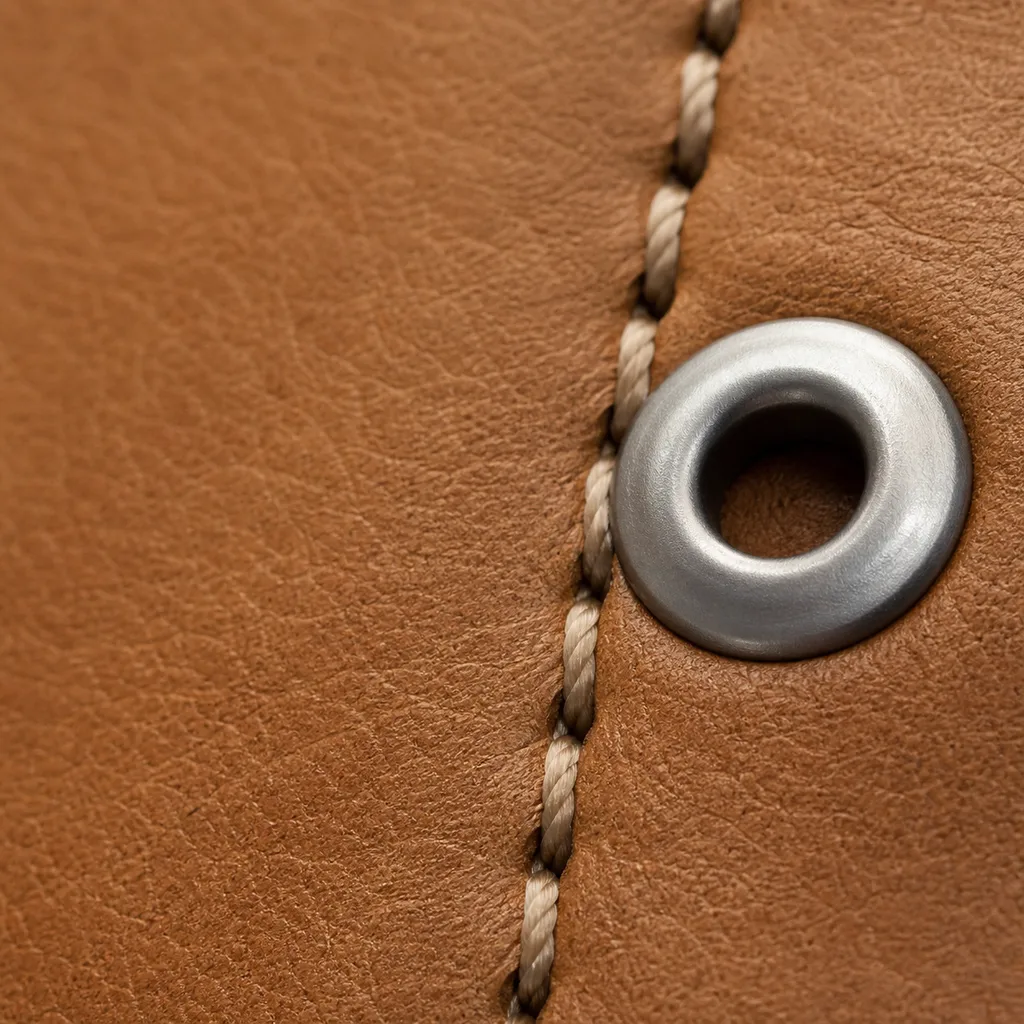 Macro of tan full-grain leather surface with visible grain and a matte-silver eyelet