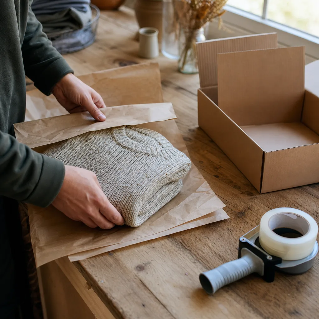Hands folding a knit sweater into branded kraft tissue and a shipping box