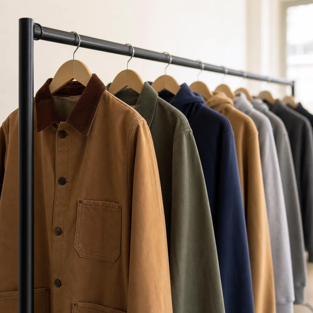 A styled apparel rack of hung chore jackets and hoodies on a matte-black rail in the UrbanCore showroom