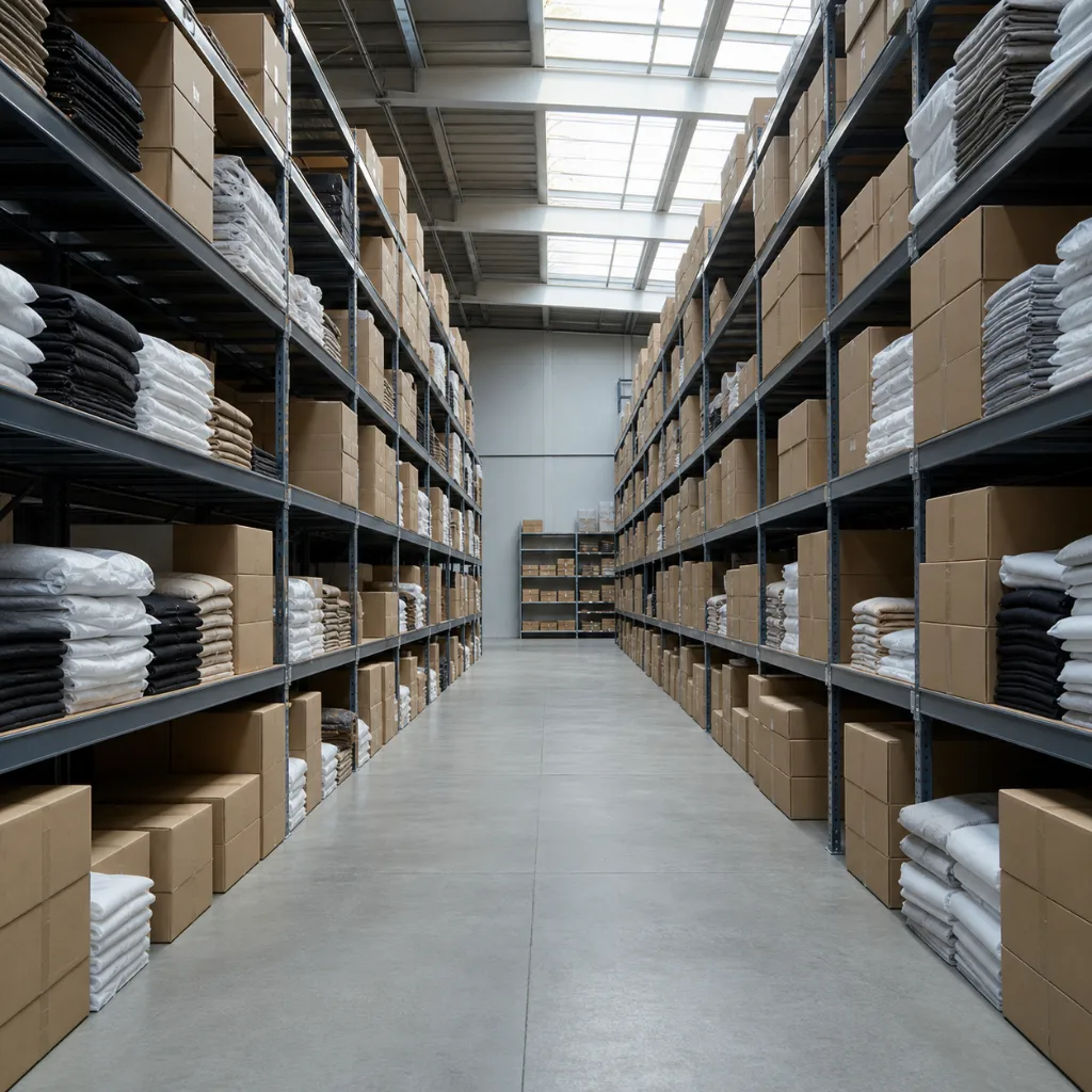Warehouse aisle with metal shelving stacked with neat kraft apparel boxes and folded stock