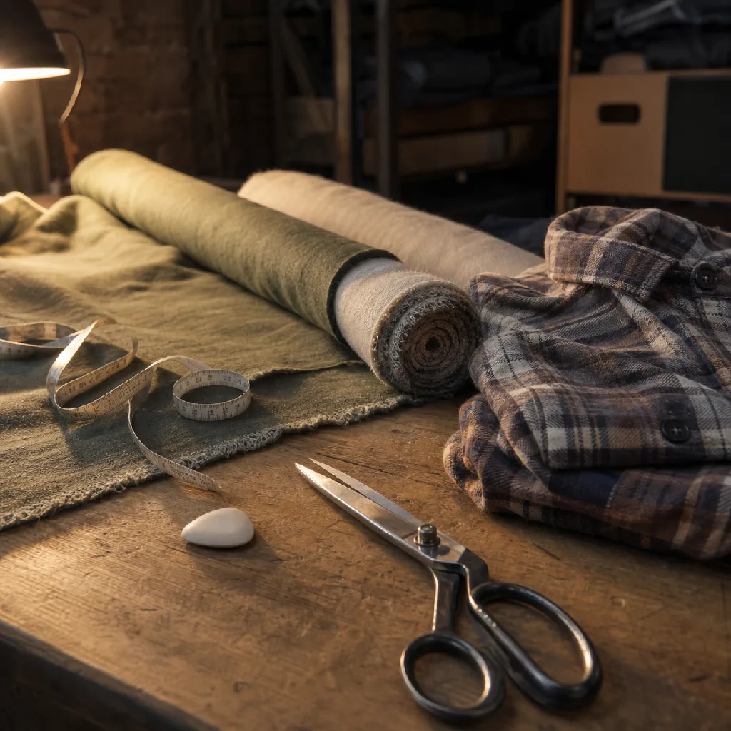 Cutting table with bolts of fabric, tape measure, chalk and a folded flannel garment